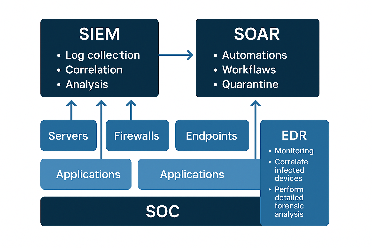 Diagrama de la pila tecnológica de un SOC mostrando SIEM, SOAR y EDR integrados